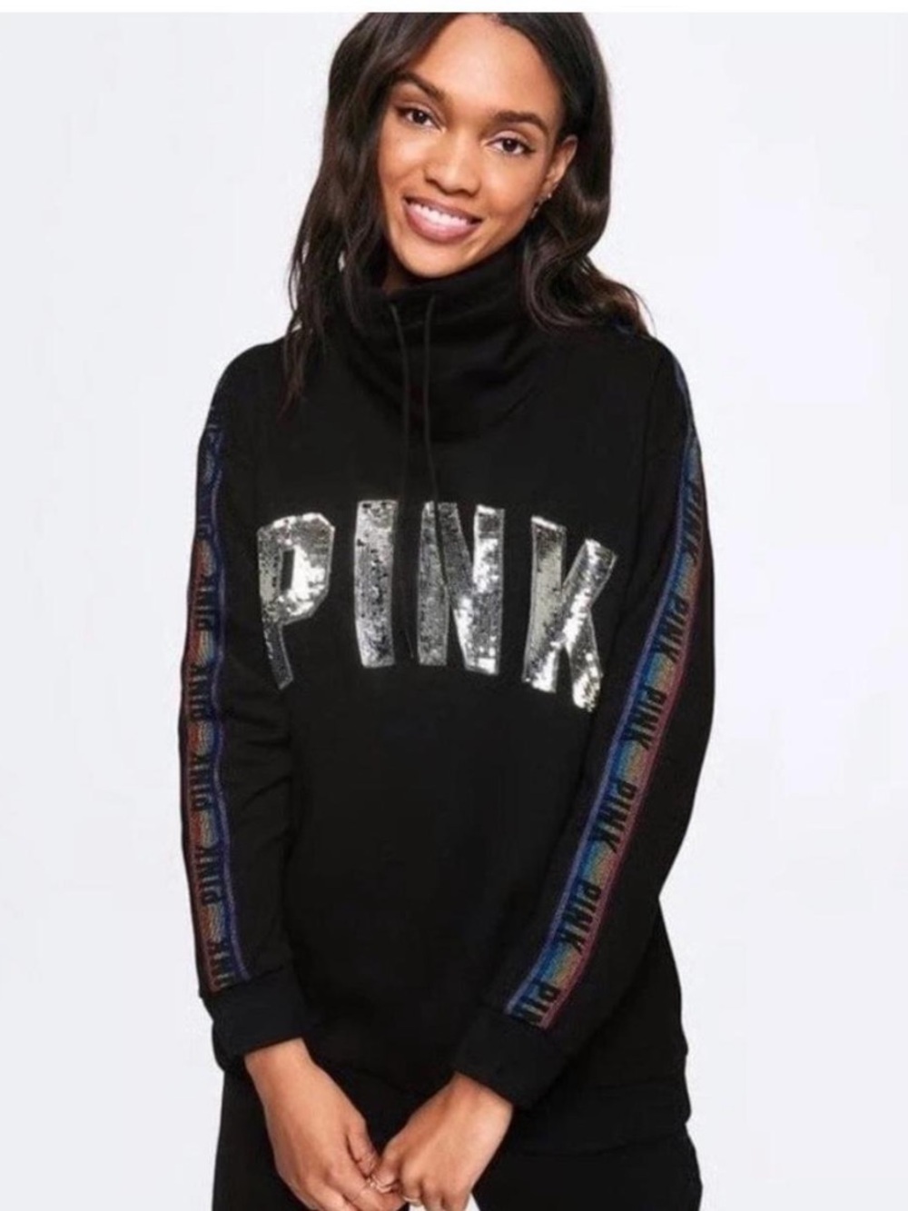 Victoria’s Secret PINK Flip Sequin Cowl Neck Sweatshirt Black Rainbow Logo XL